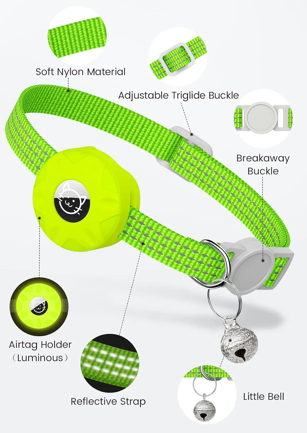 AirTag Cat Collar, Reflective Kitten Collar Breakaway Apple Air Tag Cat Collar, GPS Cat Collar with AirTag Holder and Bell, Lightweight Tracker Cat Collars for Girl Boy Cats Kittens (Luminous Yellow)