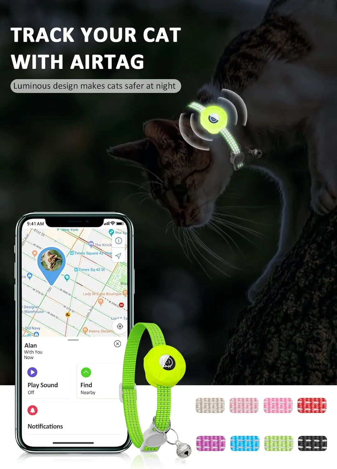 AirTag Cat Collar, Reflective Kitten Collar Breakaway Apple Air Tag Cat Collar, GPS Cat Collar with AirTag Holder and Bell, Lightweight Tracker Cat Collars for Girl Boy Cats Kittens (Luminous Yellow)