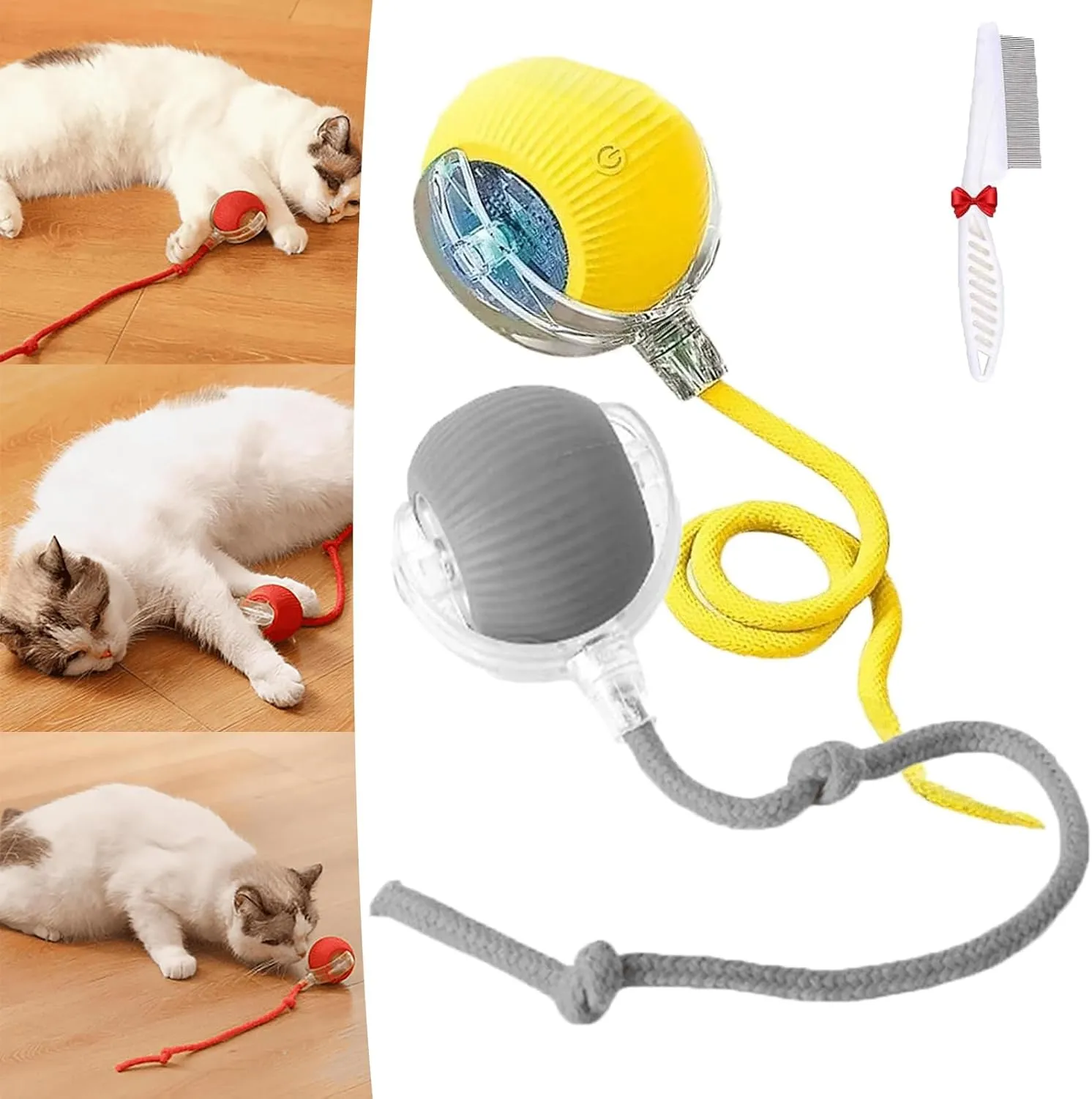Ascoly Pet Ball, Ascoly Cat Toy, Smart Interactive Electric 360 Automatic Rolling Ball with Teasing Tail, Rechargeable Obstacle Avoidance and Motion Activated for Bored Cats & Dogs (A-Gray Yellow)