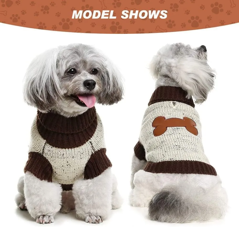 BINGPET Turtle Neck Knitted Dog Sweater,Dog Sweaters for Small Medium Large Dogs with Brown Bone Pattern,Puppy Winter Warm Cloth for Cold Weather Thermal Wear