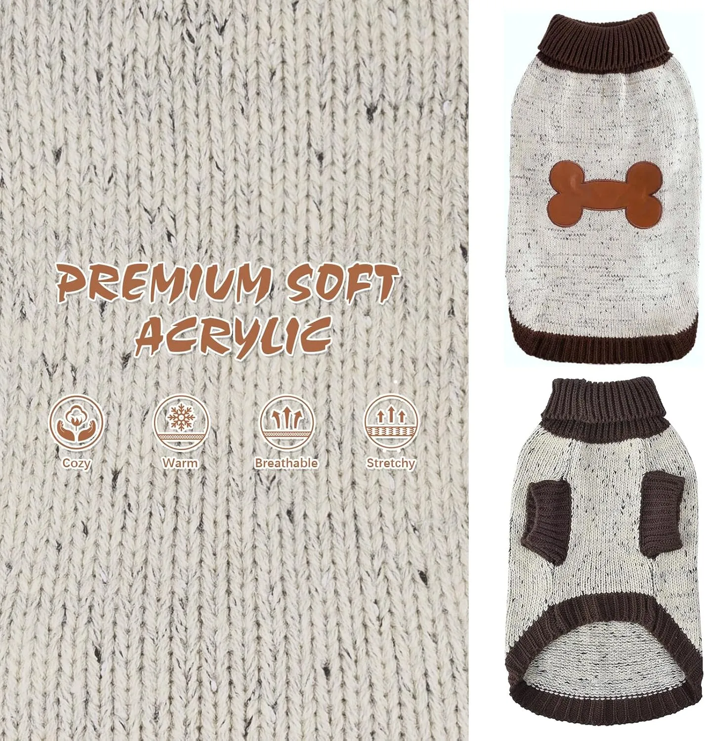 BINGPET Turtle Neck Knitted Dog Sweater,Dog Sweaters for Small Medium Large Dogs with Brown Bone Pattern,Puppy Winter Warm Cloth for Cold Weather Thermal Wear