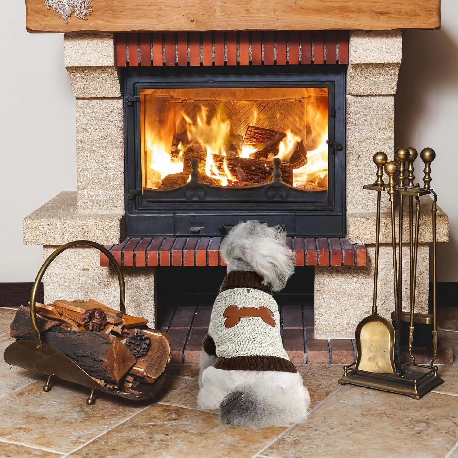 BINGPET Turtle Neck Knitted Dog Sweater,Dog Sweaters for Small Medium Large Dogs with Brown Bone Pattern,Puppy Winter Warm Cloth for Cold Weather Thermal Wear