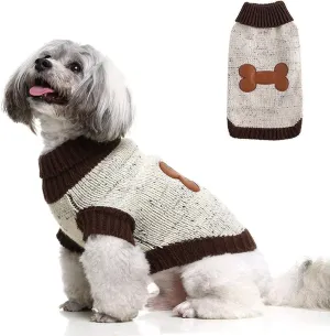 BINGPET Turtle Neck Knitted Dog Sweater,Dog Sweaters for Small Medium Large Dogs with Brown Bone Pattern,Puppy Winter Warm Cloth for Cold Weather Thermal Wear