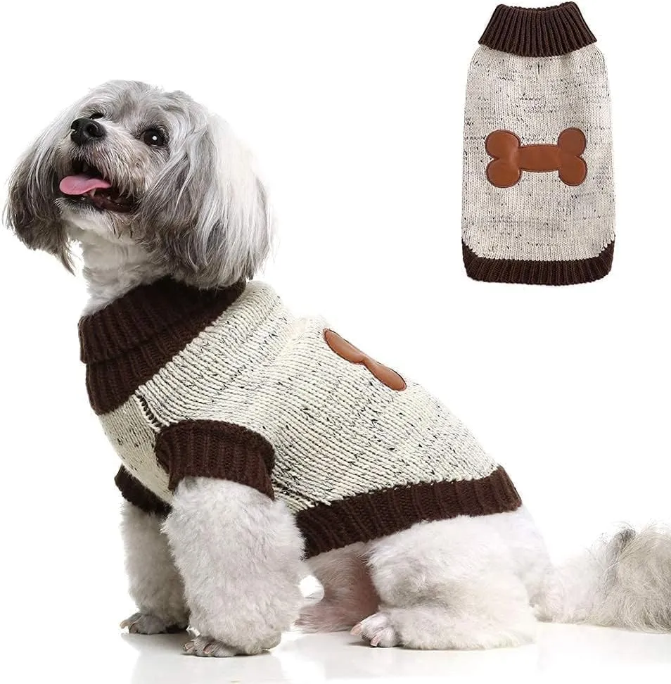 BINGPET Turtle Neck Knitted Dog Sweater,Dog Sweaters for Small Medium Large Dogs with Brown Bone Pattern,Puppy Winter Warm Cloth for Cold Weather Thermal Wear