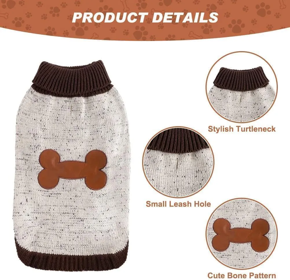 BINGPET Turtle Neck Knitted Dog Sweater,Dog Sweaters for Small Medium Large Dogs with Brown Bone Pattern,Puppy Winter Warm Cloth for Cold Weather Thermal Wear