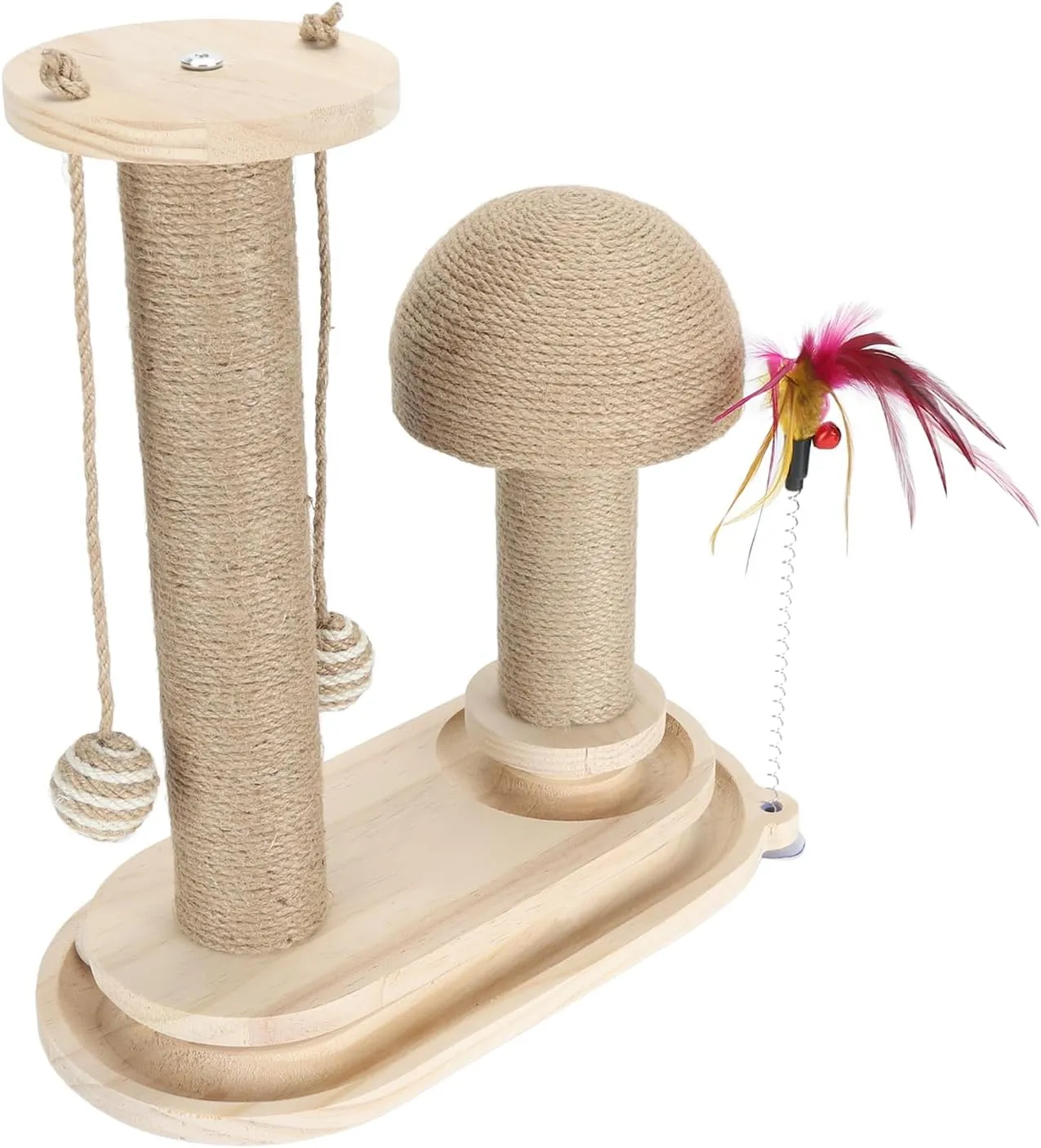 Cat Scratching Post Interactive Tall Kitten Scratcher with Teasing Wand for Indoor Cats (Oval Mushroom Turntable)