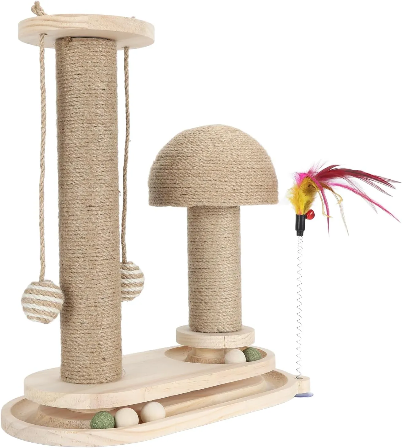 Cat Scratching Post Interactive Tall Kitten Scratcher with Teasing Wand for Indoor Cats (Oval Mushroom Turntable)