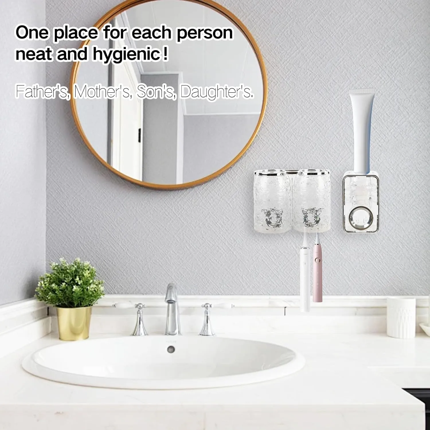 Coastacloud Bathroom Toothbrush Holder Set Wall Mounted with 2 Cups & Toothpaste Dispenser, No Drilling Plastic Toothbrush and Toothpaste Holder for Bathroom Wall, Family