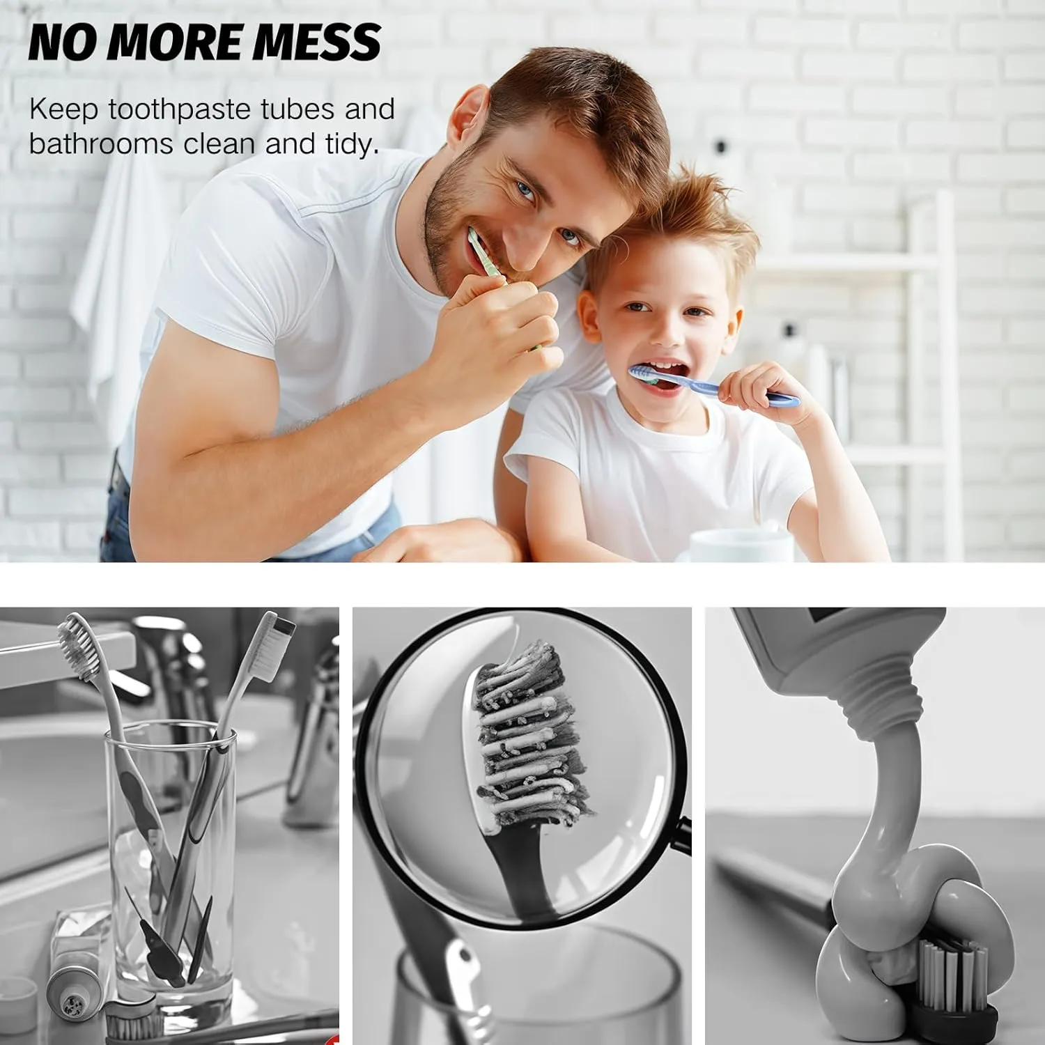 Coastacloud Bathroom Toothbrush Holder Set Wall Mounted with 2 Cups & Toothpaste Dispenser, No Drilling Plastic Toothbrush and Toothpaste Holder for Bathroom Wall, Family