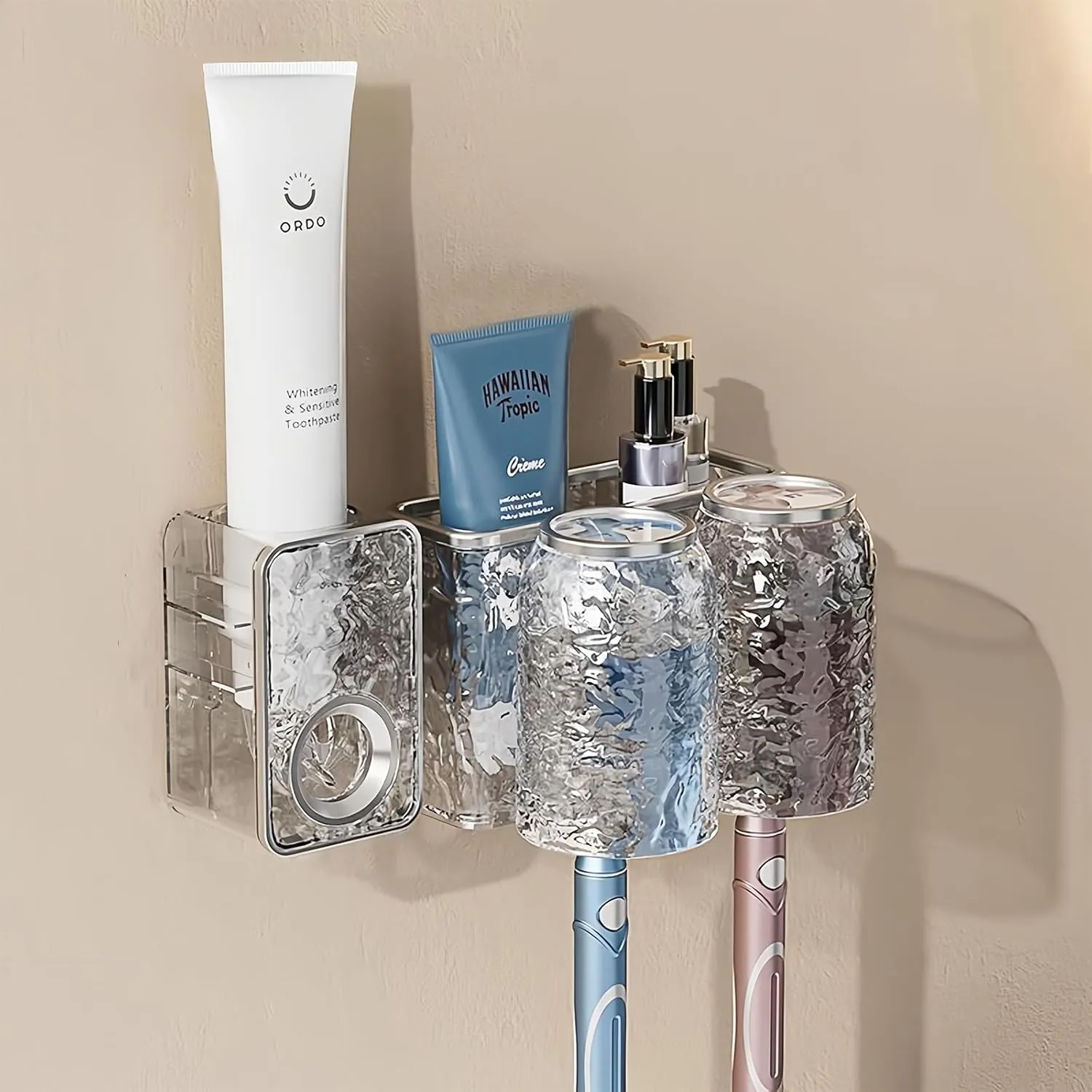 Coastacloud Bathroom Toothbrush Holder Set Wall Mounted with 2 Cups & Toothpaste Dispenser, No Drilling Plastic Toothbrush and Toothpaste Holder for Bathroom Wall, Family