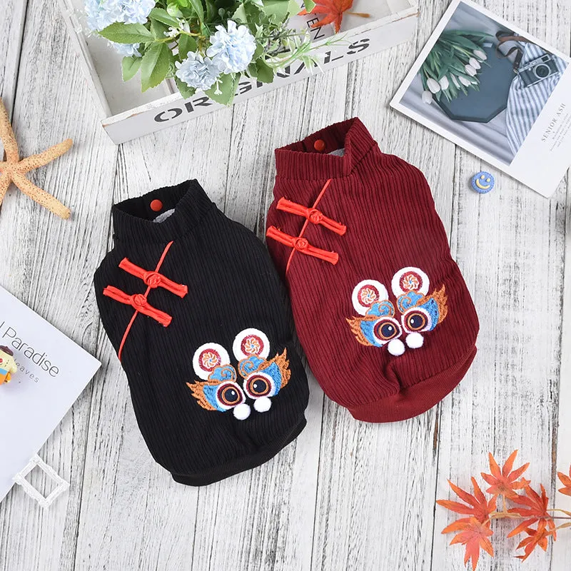 Dog Clothes Plus Velvet | Medium High Collar Chinese Dragon New Year Sweater for Teddy, French Bulldog, Golden Retriever, Schnauzer