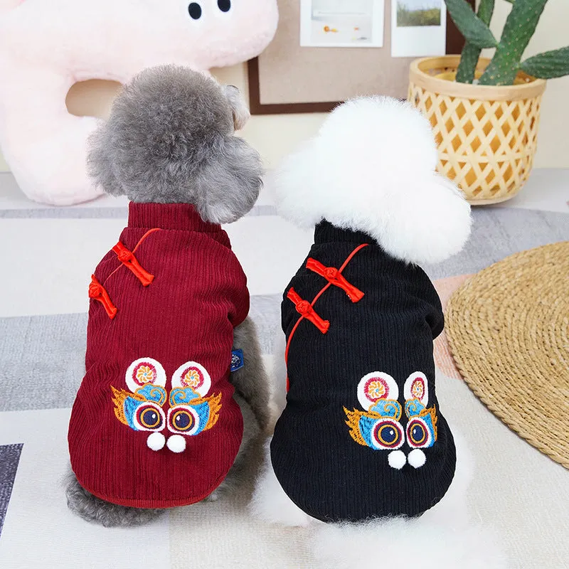 Dog Clothes Plus Velvet | Medium High Collar Chinese Dragon New Year Sweater for Teddy, French Bulldog, Golden Retriever, Schnauzer