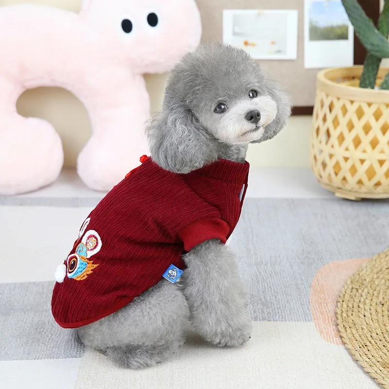 Dog Clothes Plus Velvet | Medium High Collar Chinese Dragon New Year Sweater for Teddy, French Bulldog, Golden Retriever, Schnauzer