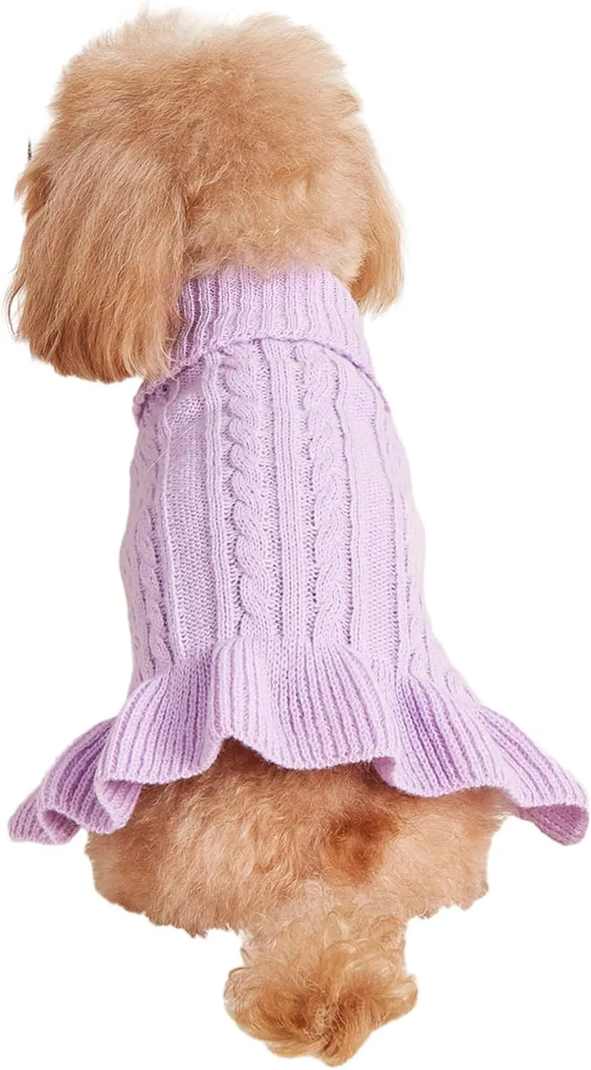 Dog Sweater & Dress - Cable Knit Pet Clothes for Small Dogs & Cats, Warm & Cute Coat for Girls, Puppies & Kittens (Light Purple, XX-Small)