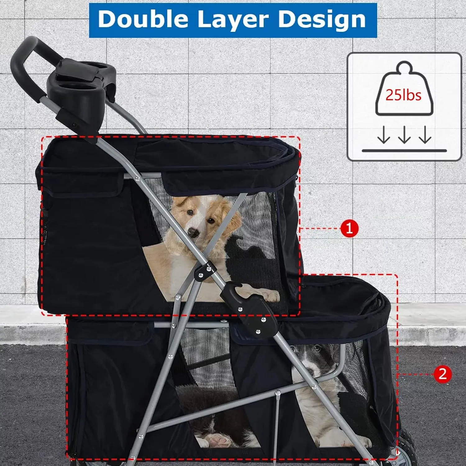 Double Layer Dog Strollers for 2 Small Dogs, 4 Wheels Pet Stroller for Cats/Dogs, Folding Double Decker Jogger Stroller with Removable Liner/Storage Basket/Rear Wheel Break