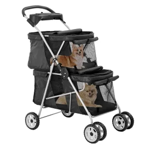 Double Layer Dog Strollers for 2 Small Dogs, 4 Wheels Pet Stroller for Cats/Dogs, Folding Double Decker Jogger Stroller with Removable Liner/Storage Basket/Rear Wheel Break