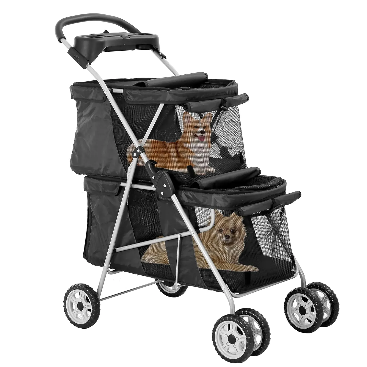 Double Layer Dog Strollers for 2 Small Dogs, 4 Wheels Pet Stroller for Cats/Dogs, Folding Double Decker Jogger Stroller with Removable Liner/Storage Basket/Rear Wheel Break