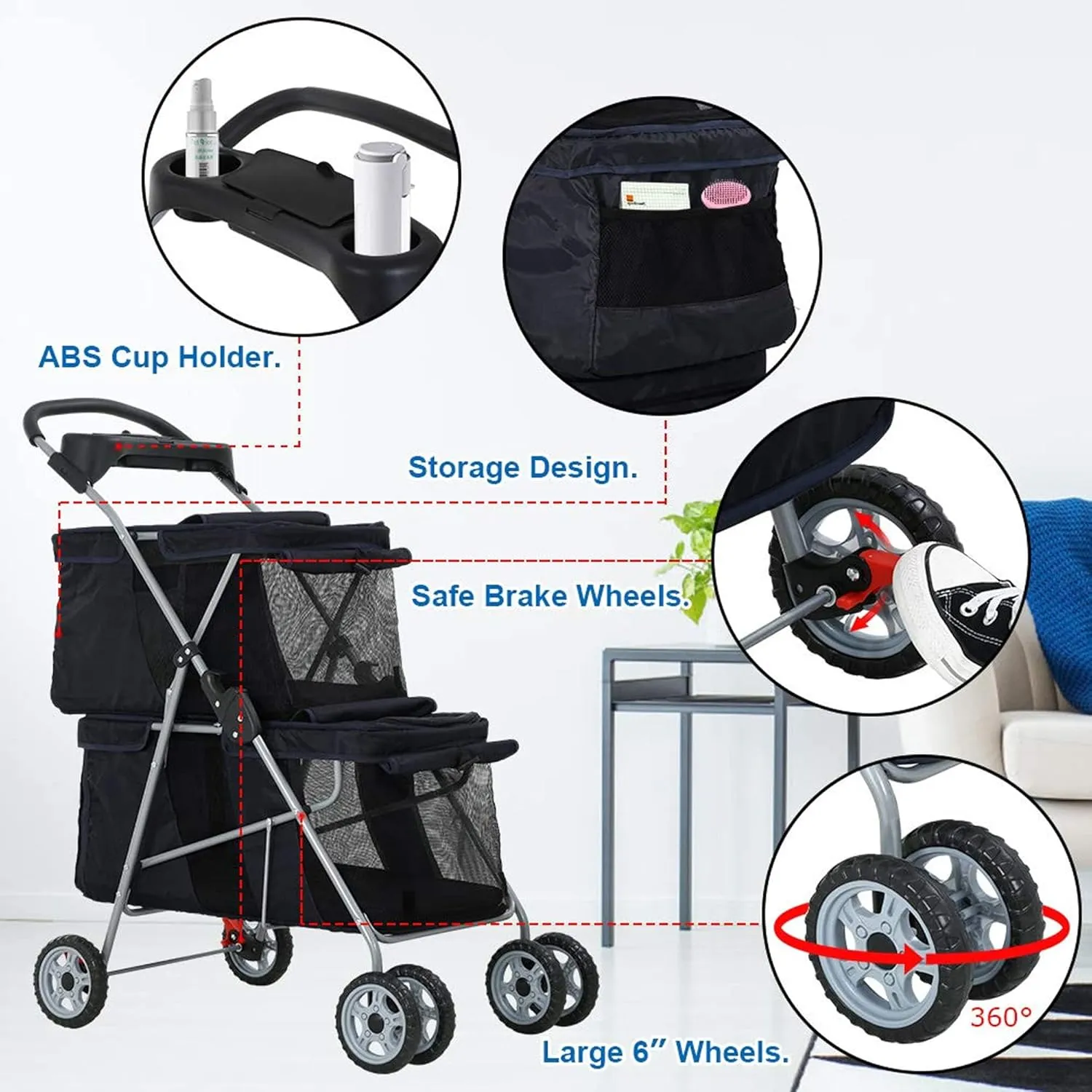 Double Layer Dog Strollers for 2 Small Dogs, 4 Wheels Pet Stroller for Cats/Dogs, Folding Double Decker Jogger Stroller with Removable Liner/Storage Basket/Rear Wheel Break