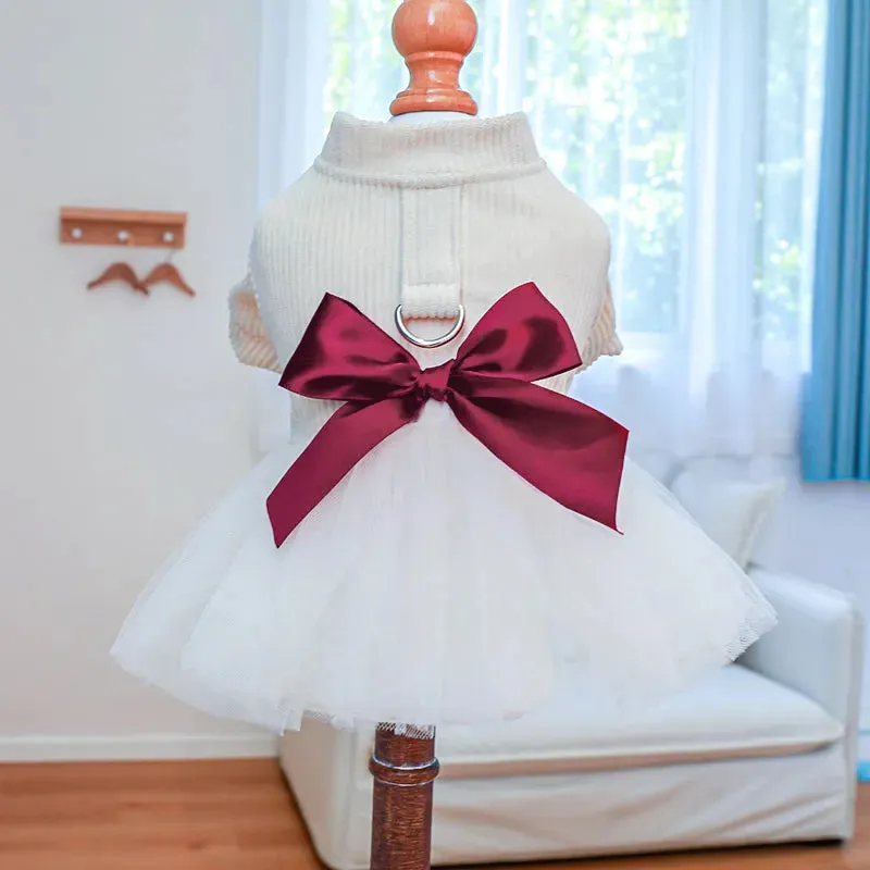 Elegance in Bloom: Slim Fit Beige White Bow Tie Traction Button Princess Yarn Skirt for Dogs - Stylish Spring and Autumn Pet Attire