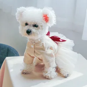 Elegance in Bloom: Slim Fit Beige White Bow Tie Traction Button Princess Yarn Skirt for Dogs - Stylish Spring and Autumn Pet Attire