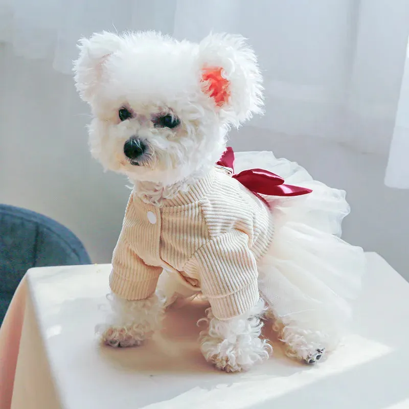 Elegance in Bloom: Slim Fit Beige White Bow Tie Traction Button Princess Yarn Skirt for Dogs - Stylish Spring and Autumn Pet Attire