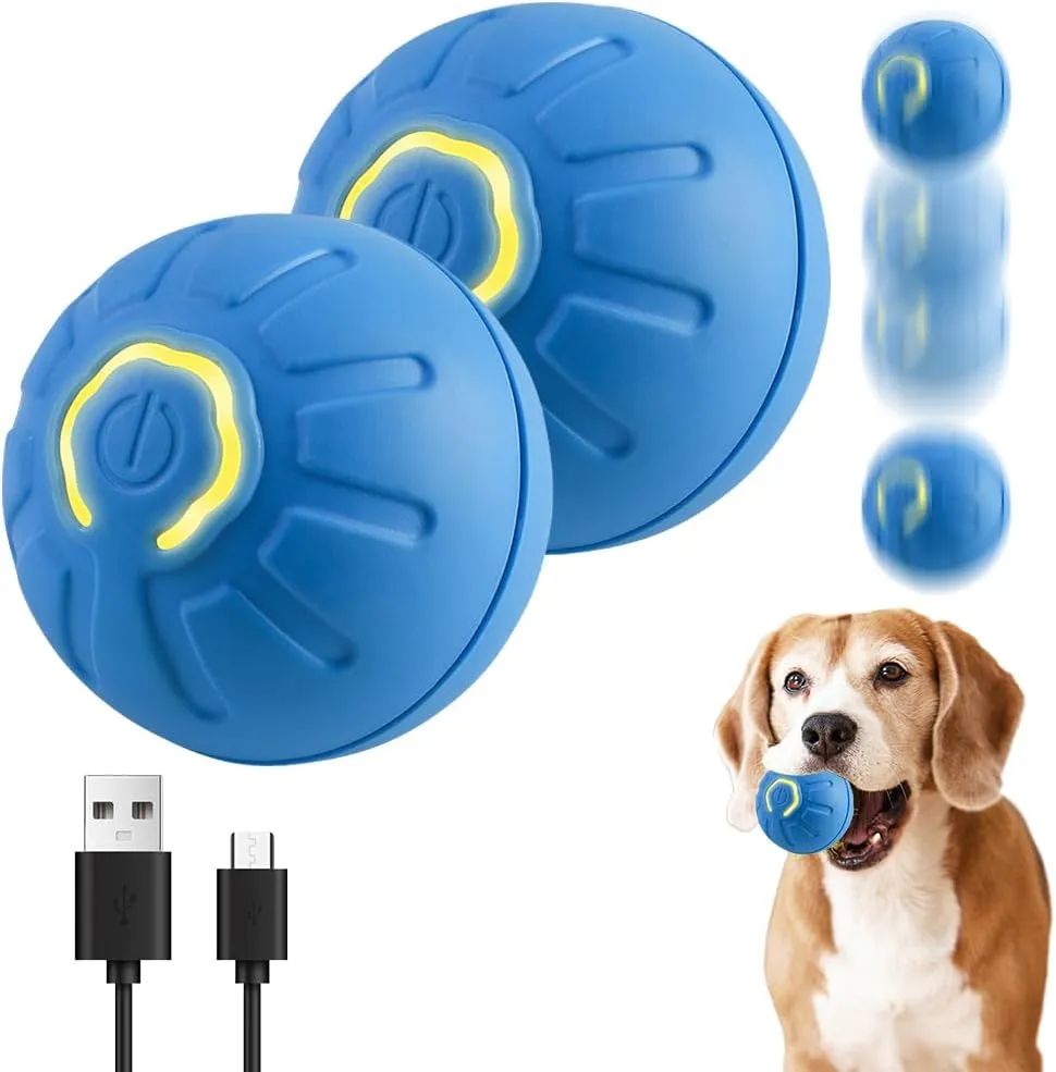 Interactive Motion Dog Ball Toy, Automatic Rolling Ball with LED Flash, USB Rechargeable (2pcs Blue)