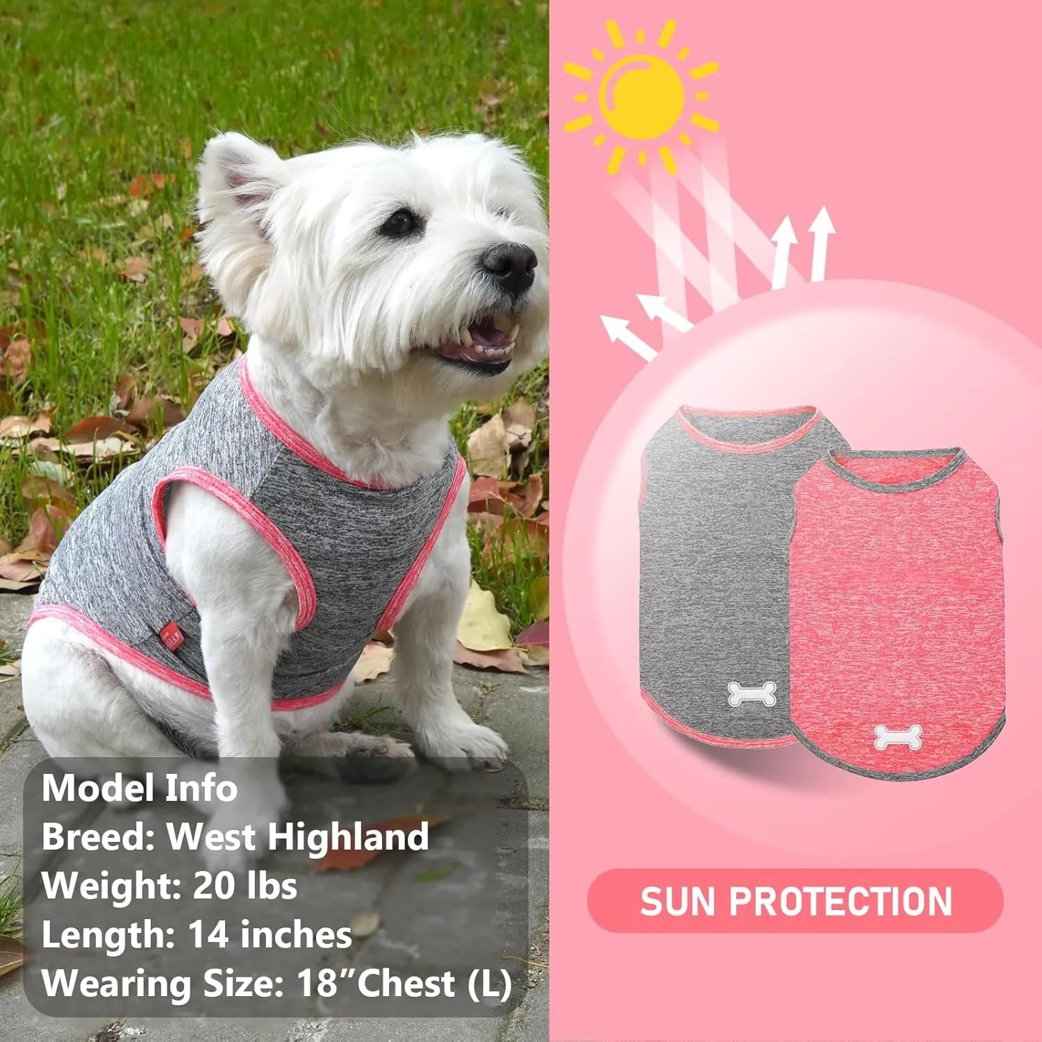 KYEESE 2 Pack Dog Shirts for Small Dogs Quick Dry Soft Stretchy Dogs T-Shirts with Reflective Label Tank Top Sleeveless Vest Sun Protection Pet Clothes Puppy Shirt, Coral Red Grey, S