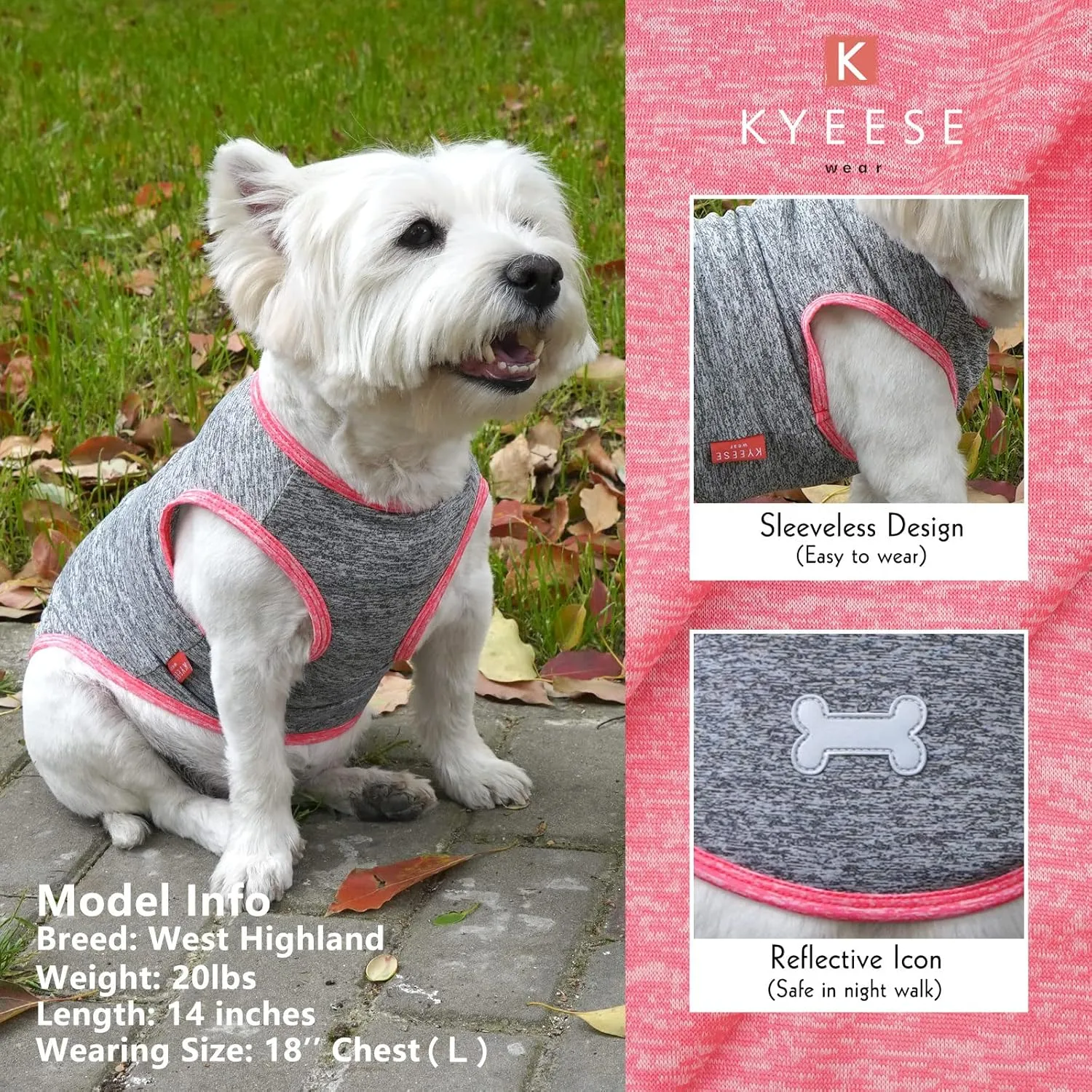KYEESE 2 Pack Dog Shirts for Small Dogs Quick Dry Soft Stretchy Dogs T-Shirts with Reflective Label Tank Top Sleeveless Vest Sun Protection Pet Clothes Puppy Shirt, Coral Red Grey, S