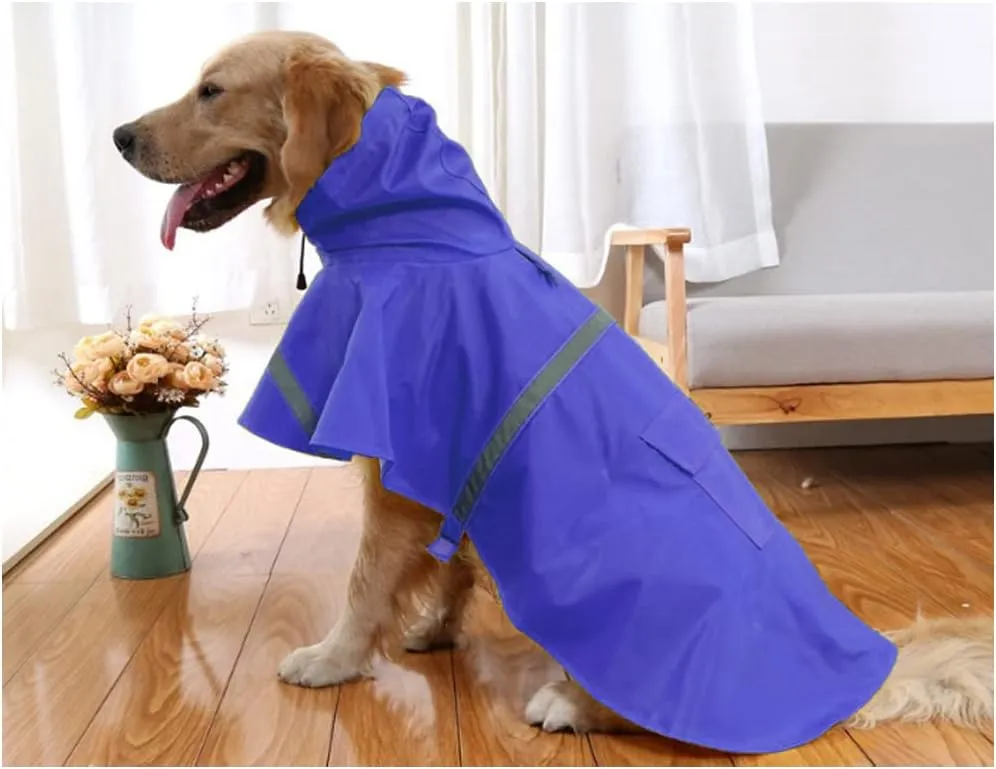 Large Dog Raincoat Adjustable Pet Waterproof Clothes Lightweight Rain Jacket Poncho Hoodies with Strip Reflective(Dark Blue,M)