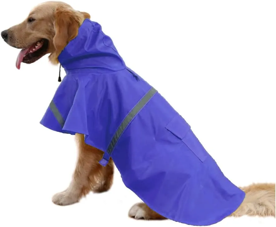 Large Dog Raincoat Adjustable Pet Waterproof Clothes Lightweight Rain Jacket Poncho Hoodies with Strip Reflective(Dark Blue,M)