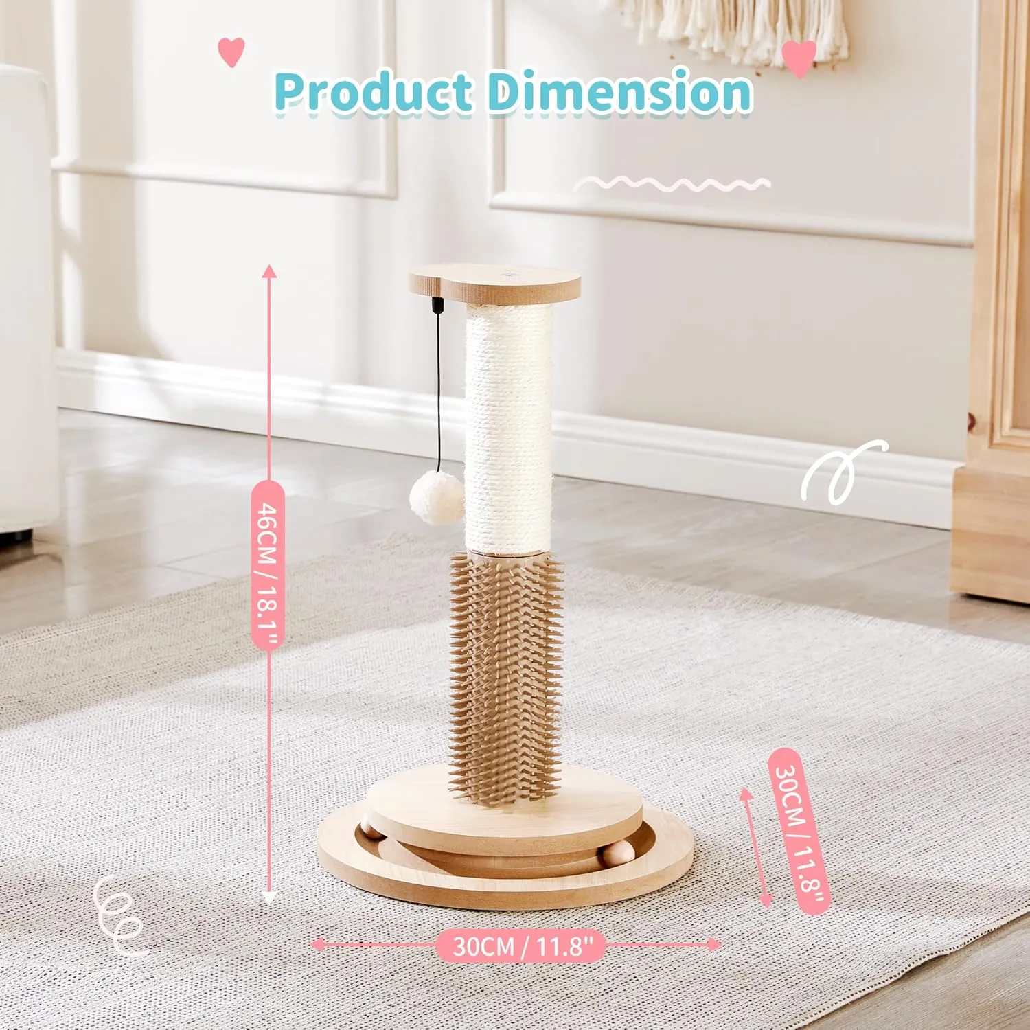 Made4Pets Cat Scratching Post 18" Tall for Small Kittens, 4-in-1 Cat Scratcher with Natural Sisal Ropes, Wooden Turntable Track Toy with Self Grooming Brush, Premium Scratch Pole with Plush Balls