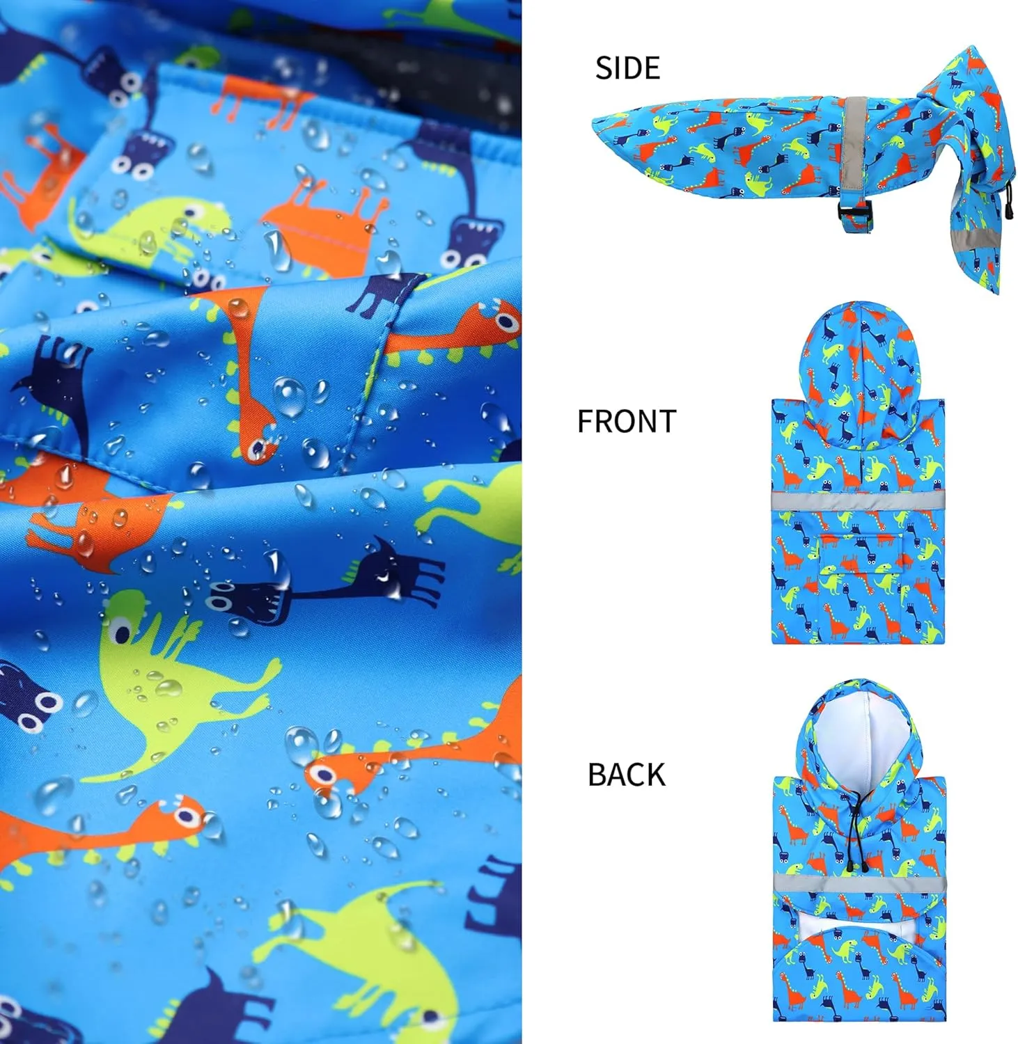 NACOCO Large Dog Raincoat Adjustable - Pet Dinosaurs Water Proof Clothes Lightweight Rain Jacket Poncho Hoodies with Strip Reflective Blue (XL, Blue Dinosaur)