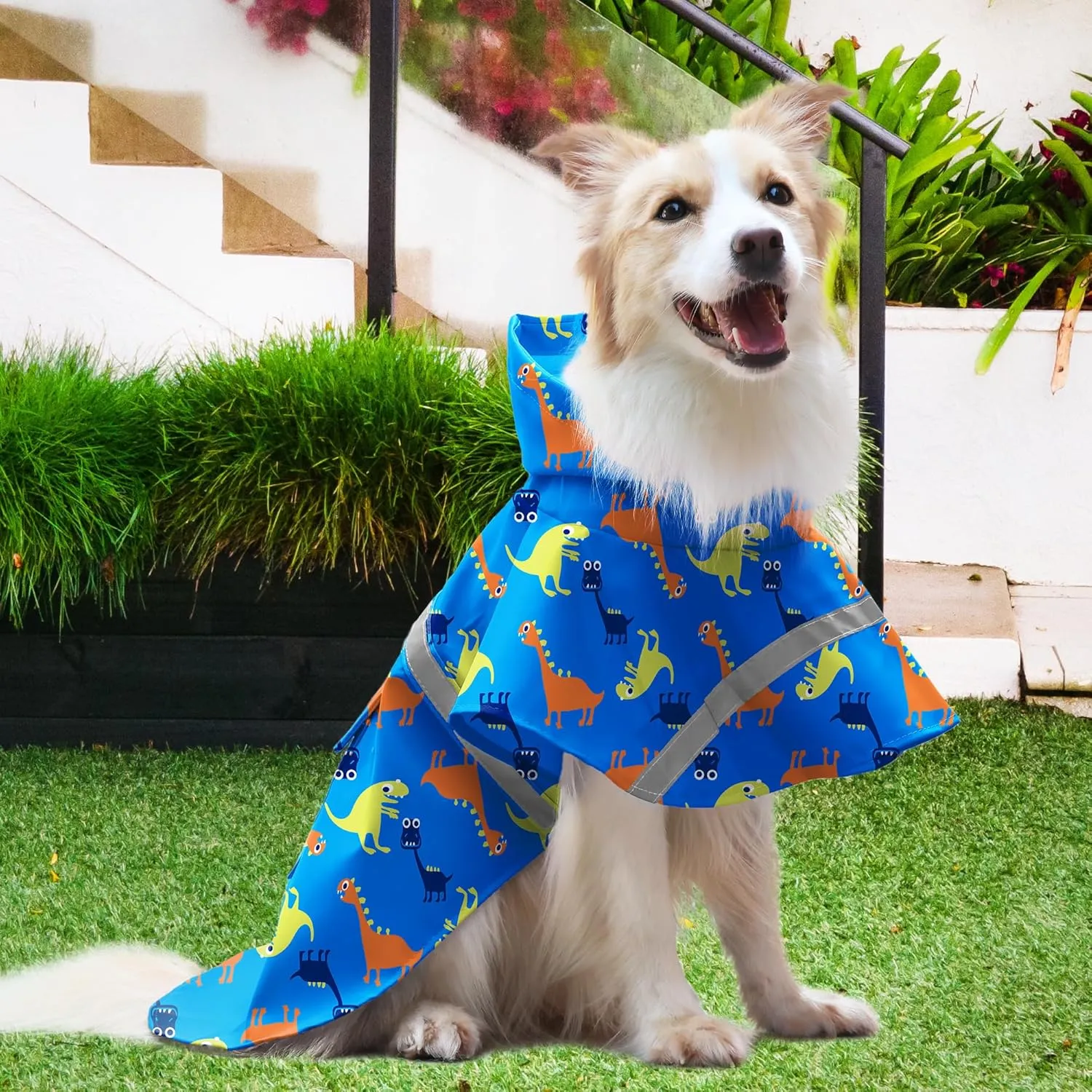 NACOCO Large Dog Raincoat Adjustable - Pet Dinosaurs Water Proof Clothes Lightweight Rain Jacket Poncho Hoodies with Strip Reflective Blue (XL, Blue Dinosaur)