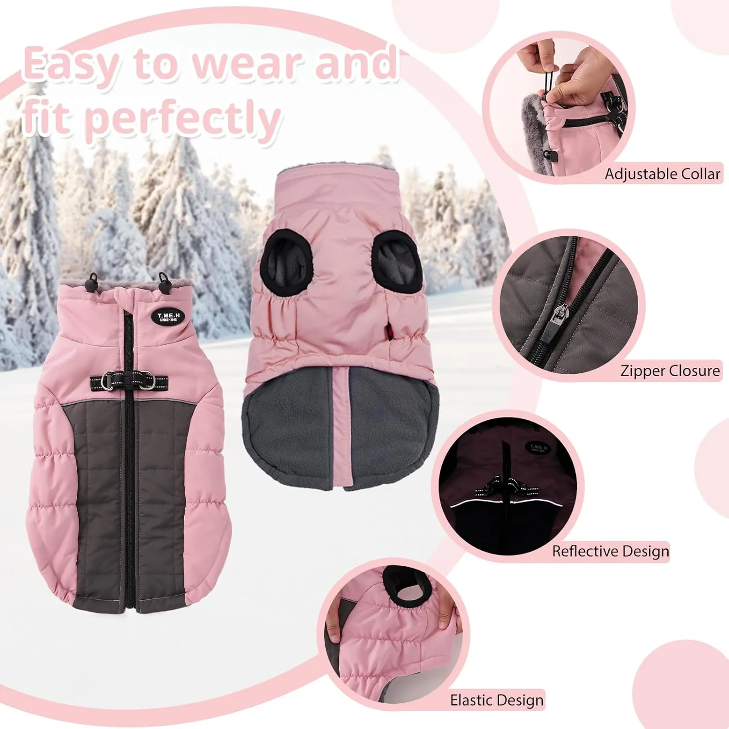 Norbi Winter Coat, Warm Reflective Waterproof Turtleneck Cozy Dog Jacket (Large, Pink)
