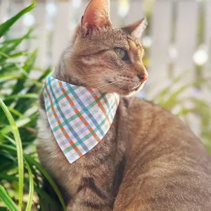 Pet Bandana - "Seashore" - Blue & Mint Plaid Bandana for Cat   Small Dog / Spring, Summer, Coastal, Ocean / Slide-on Bandana / Over-the-Collar (One Size)