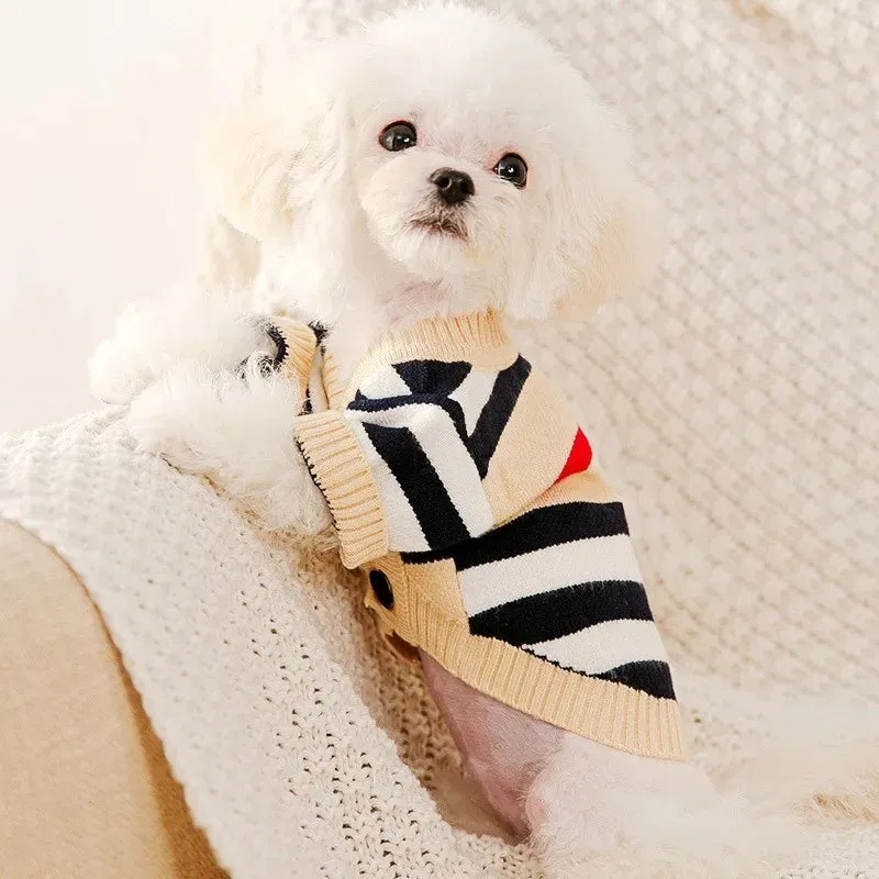 Pet Couture Elegance: Luxury Dog Clothes - Striped Cardigan Sweater for Chihuahua, Bichon Frise, and Small Breeds - Warm Coat with Pet Accessories for Stylish Canine and Feline Outfits