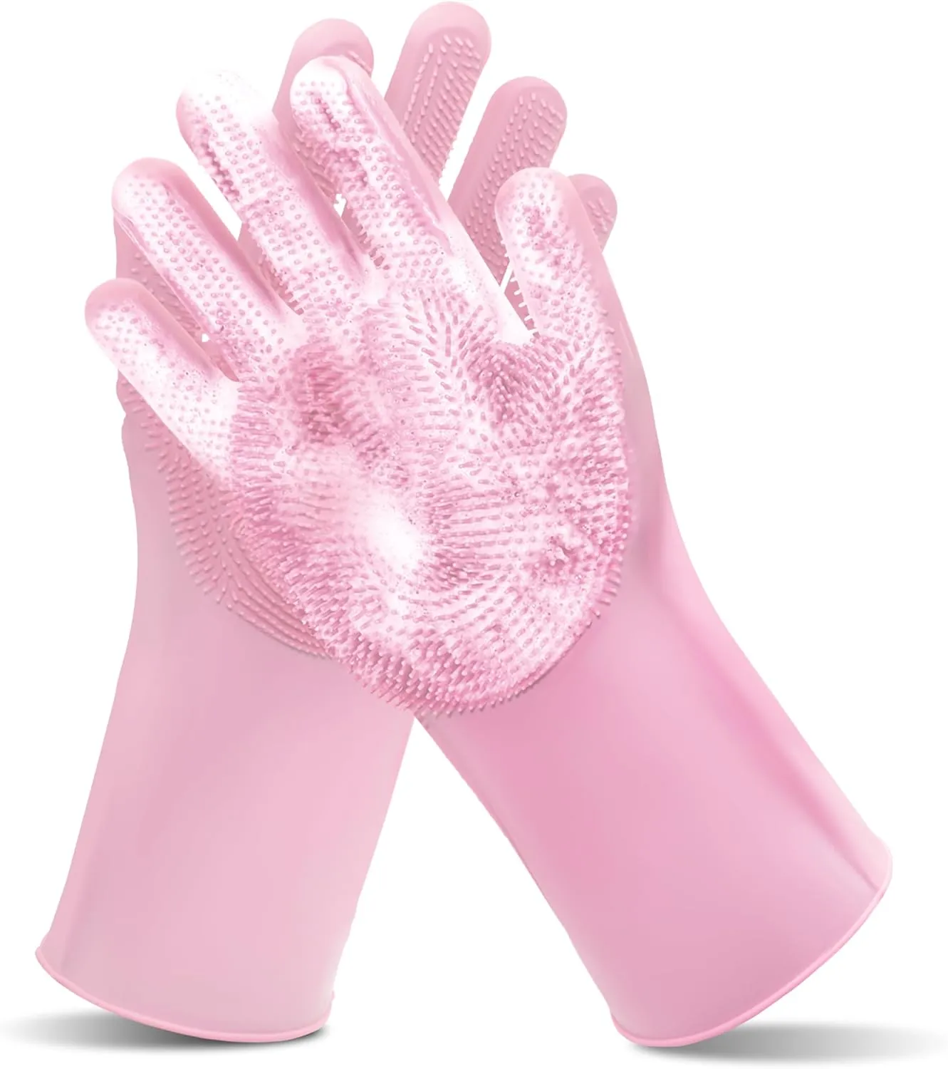 Pet Grooming GlovesHeat Resistant Dog Washing Gloves with High-Density Teeth, Dog Bath Scrubber with Enhanced Five Finger Design, Silicone Gloves for Dogs and Cats Bathing, Massage (Pink)
