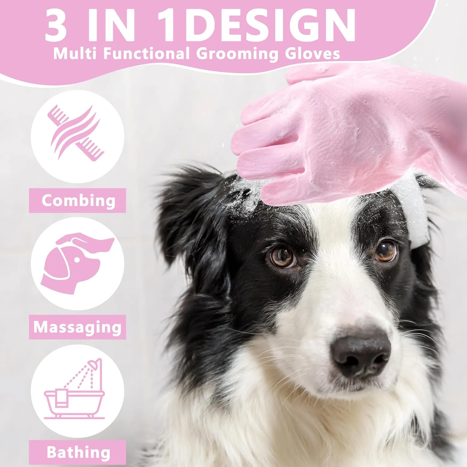 Pet Grooming GlovesHeat Resistant Dog Washing Gloves with High-Density Teeth, Dog Bath Scrubber with Enhanced Five Finger Design, Silicone Gloves for Dogs and Cats Bathing, Massage (Pink)