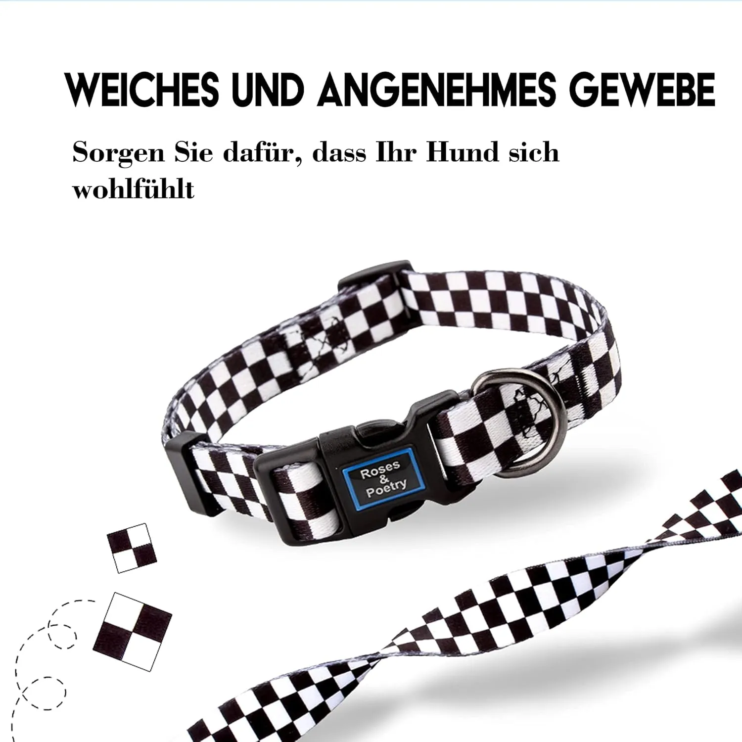 Roses&Poetry Dog Collar with Colourful Checkered Patterns, Adjustable Durable Puppy Collars for Small Medium Large Dogs (Black & White-S)