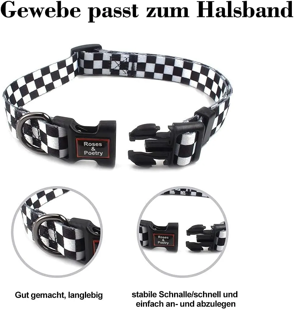 Roses&Poetry Dog Collar with Colourful Checkered Patterns, Adjustable Durable Puppy Collars for Small Medium Large Dogs (Black & White-S)