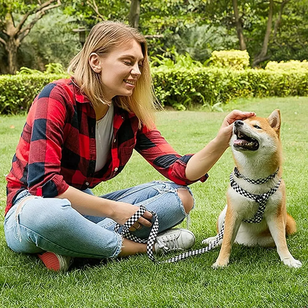 Roses&Poetry Dog Collar with Colourful Checkered Patterns, Adjustable Durable Puppy Collars for Small Medium Large Dogs (Black & White-S)