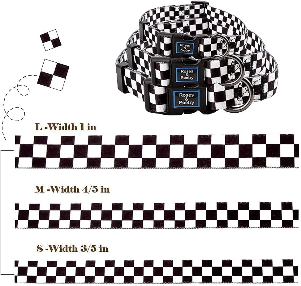 Roses&Poetry Dog Collar with Colourful Checkered Patterns, Adjustable Durable Puppy Collars for Small Medium Large Dogs (Black & White-S)
