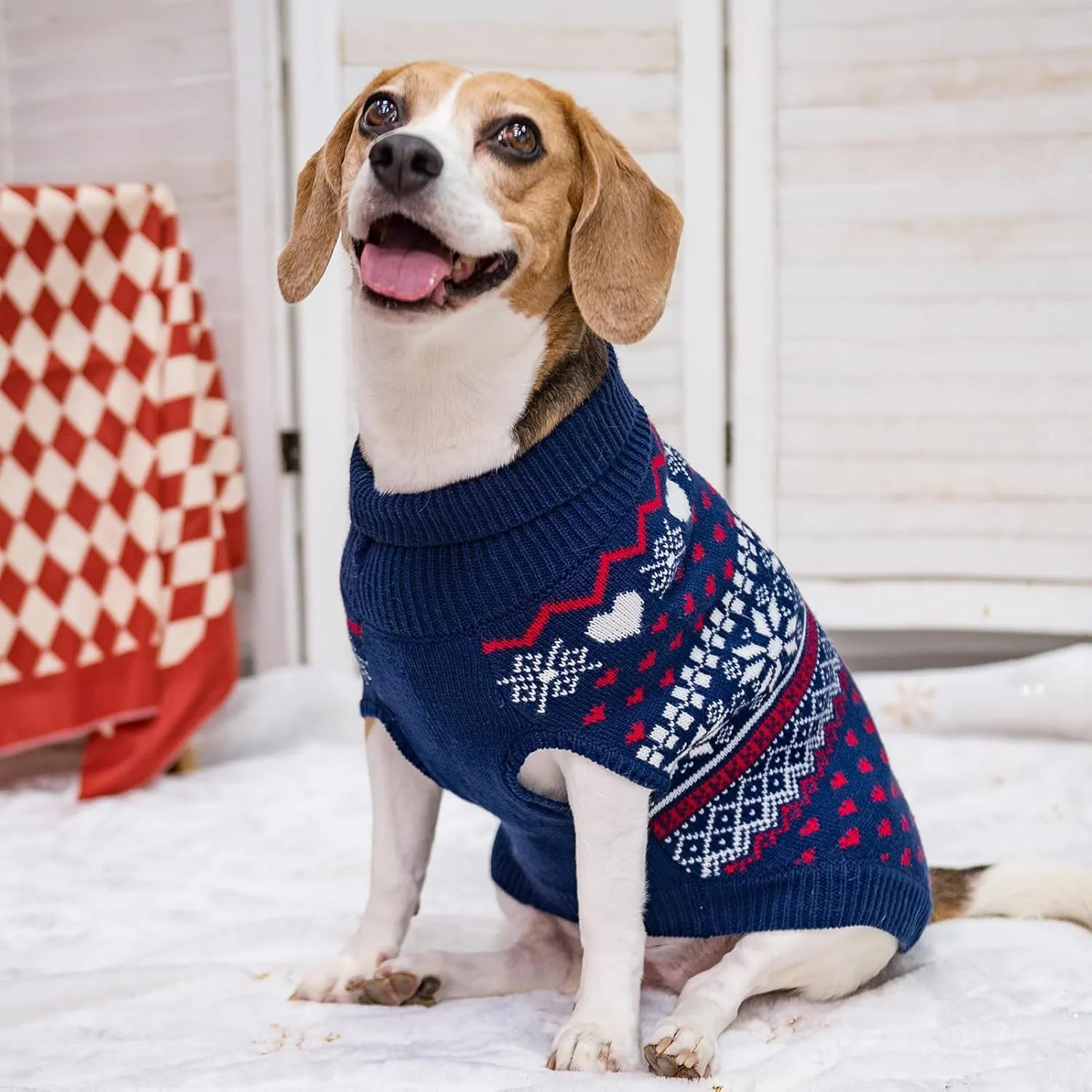 SCENEREAL Dog Sweaters for Large Medium Small Dogs, Warm Puppy Clothes Soft Turtleneck Sweatshirt, Knitted Ugly Dog Christmas Sweater Pet Outfits, Argyle Xmas Pet Cold Weather Coat for Girls Boys