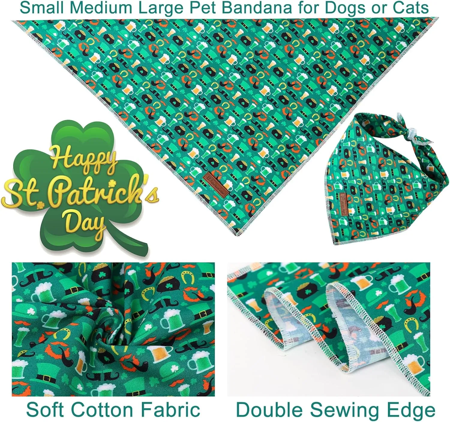 St. Patrick's Dog Bandana, Shamrock Triangle Bid Scarf for Small Medium Dog, Cotton Pet Kerchief for Girl Boy Dogs or Cats, Cute Spring Dog Bandana, Puppy Green Dog Bandana