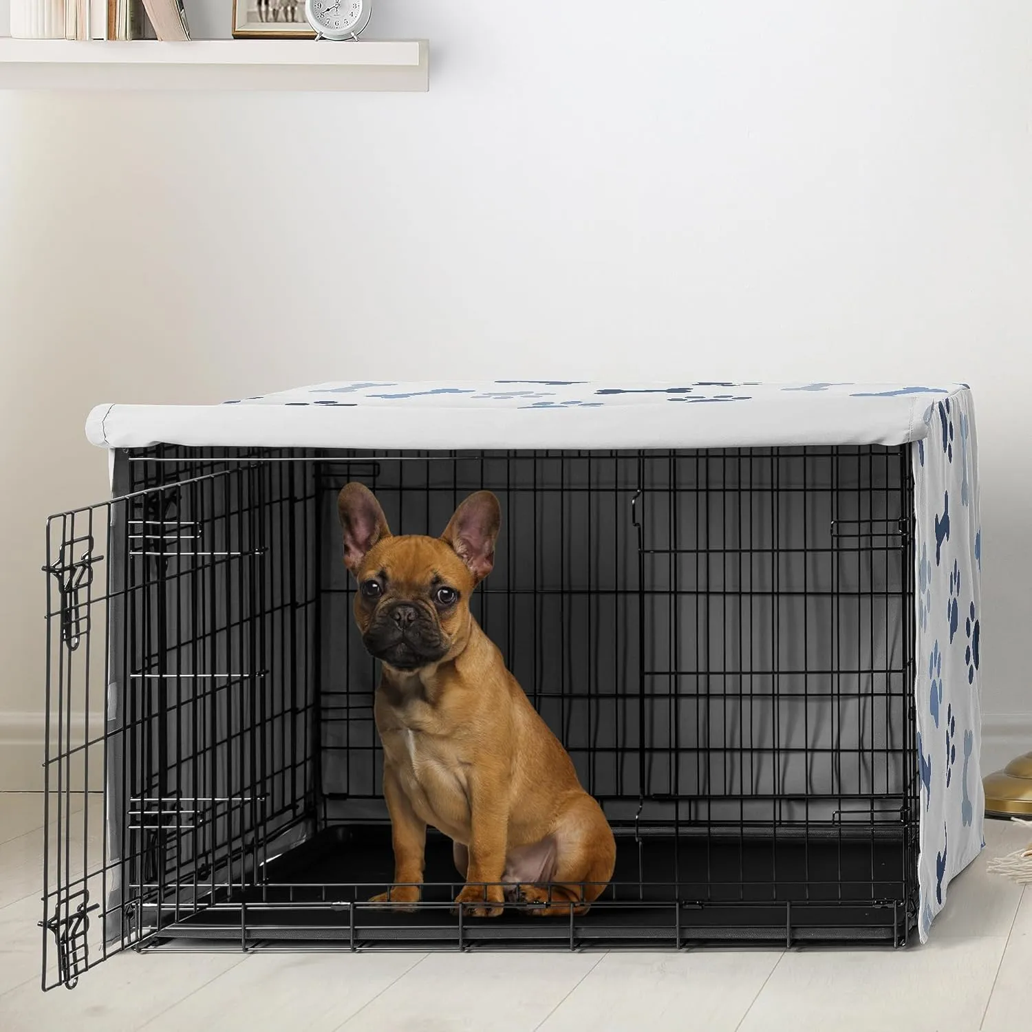 Sweet Jojo Designs 30in. Small/Medium Dog Crate Cover (Bones and Paw Prints) for Boys Pet Cage, Kennel Covers (Modern, Cartoon, Doggy, Puppy, Neutral, Paws Print, Whimsical, Playful, Slate Navy Blue)