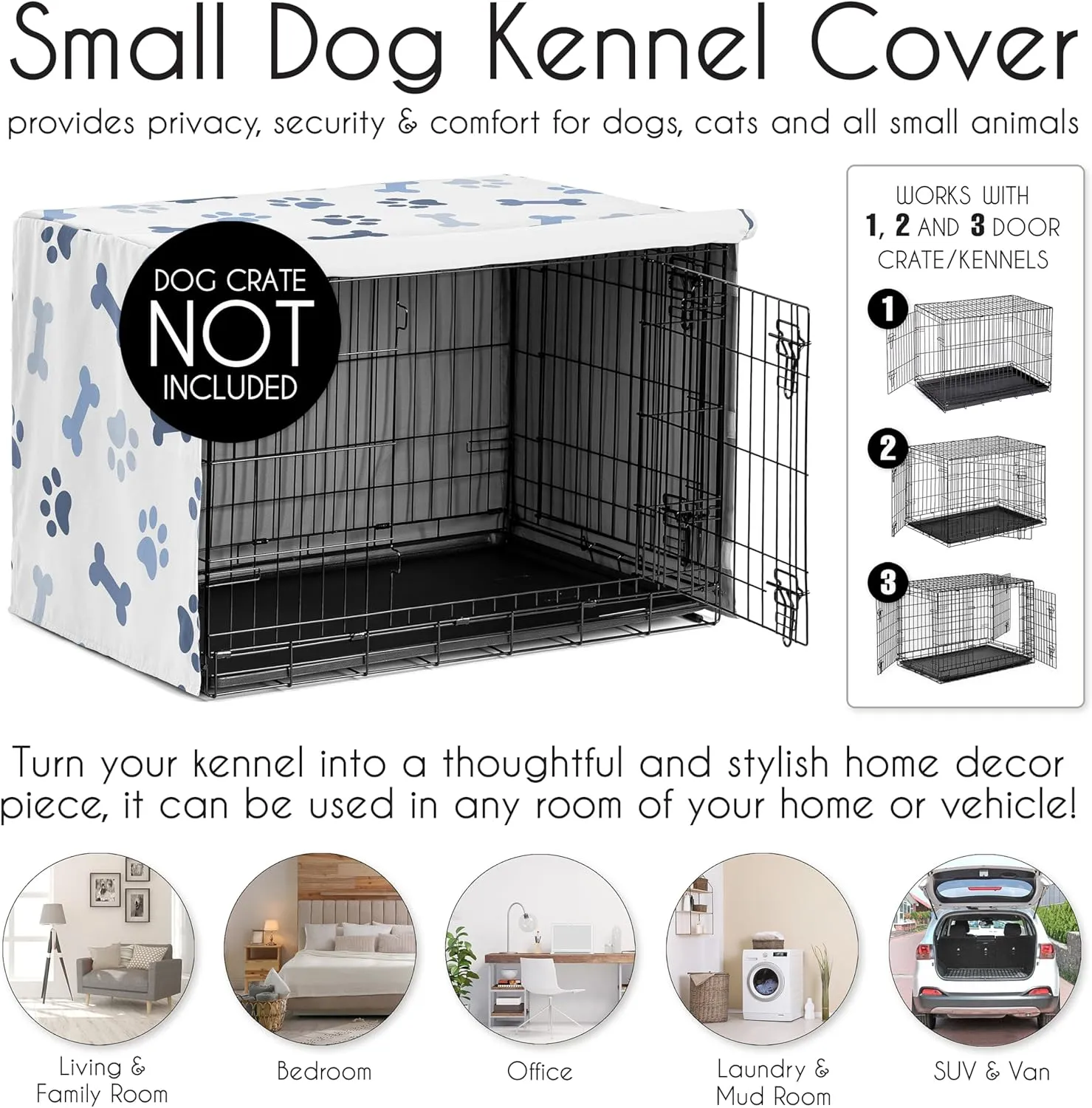Sweet Jojo Designs 30in. Small/Medium Dog Crate Cover (Bones and Paw Prints) for Boys Pet Cage, Kennel Covers (Modern, Cartoon, Doggy, Puppy, Neutral, Paws Print, Whimsical, Playful, Slate Navy Blue)