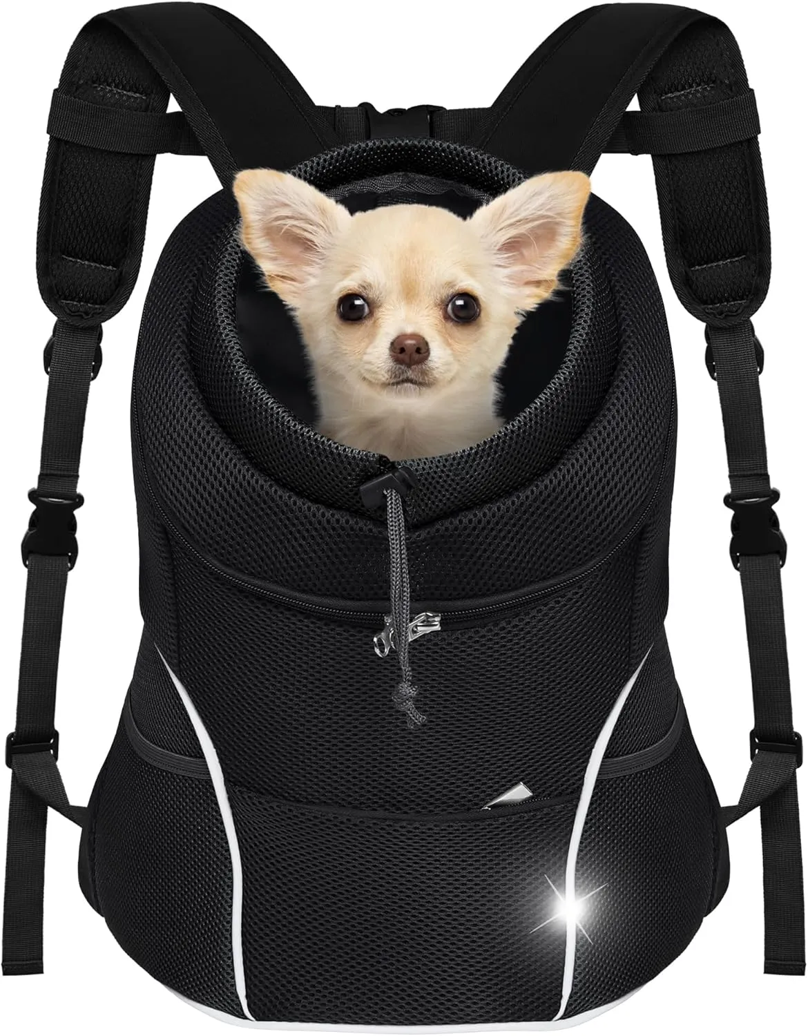 YUDODO Dog Front Carrier Backpack, Adjustable Breathable Pet Carrier for Small Dogs, Ventilated Puppy Back Pack with Safety Belt, Lightweight Doggy Backpack for Hiking Outdoor(Pure Black, L: 9-14 lbs)