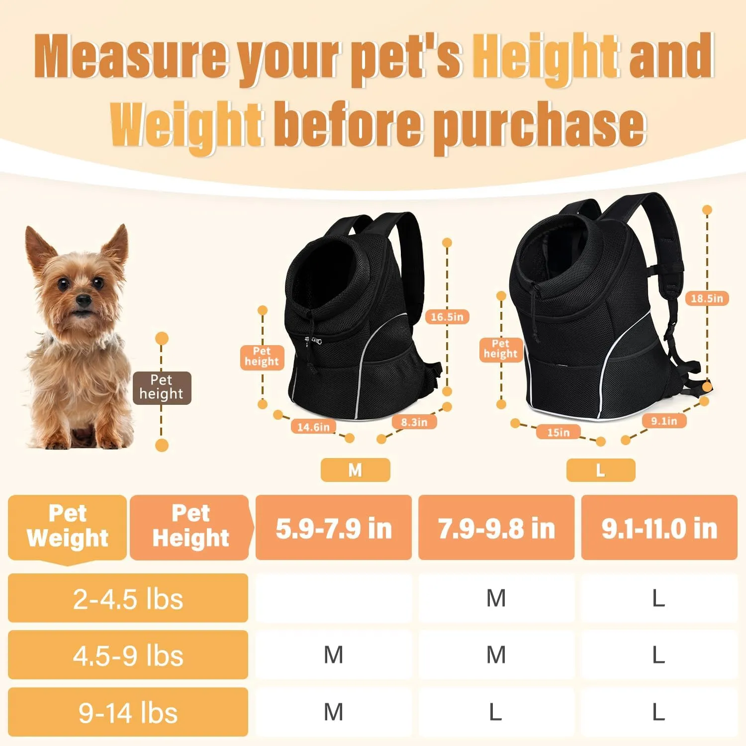 YUDODO Dog Front Carrier Backpack, Adjustable Breathable Pet Carrier for Small Dogs, Ventilated Puppy Back Pack with Safety Belt, Lightweight Doggy Backpack for Hiking Outdoor(Pure Black, L: 9-14 lbs)