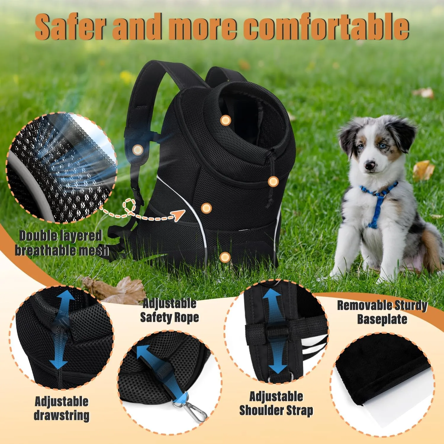 YUDODO Dog Front Carrier Backpack, Adjustable Breathable Pet Carrier for Small Dogs, Ventilated Puppy Back Pack with Safety Belt, Lightweight Doggy Backpack for Hiking Outdoor(Pure Black, L: 9-14 lbs)